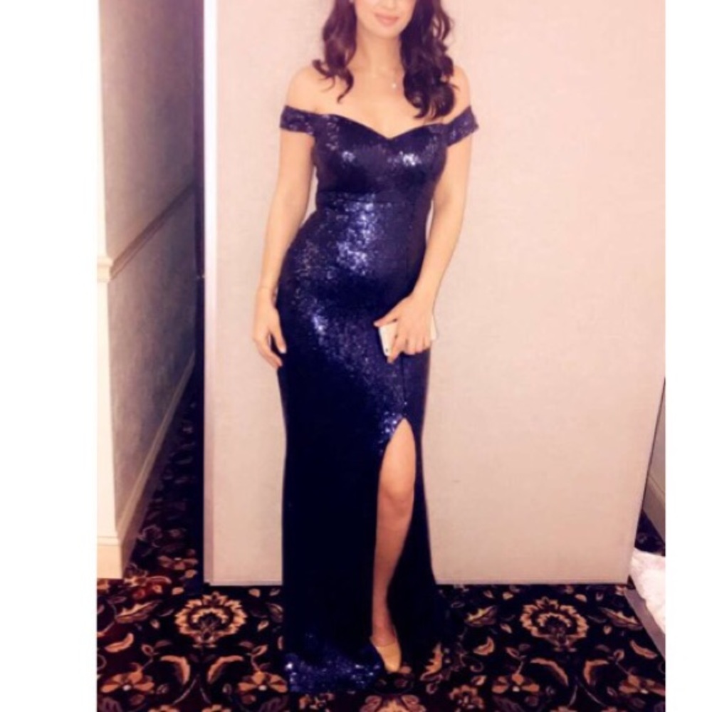 Blue sequence off the shoulder evening gown. - Picture 2 of 4